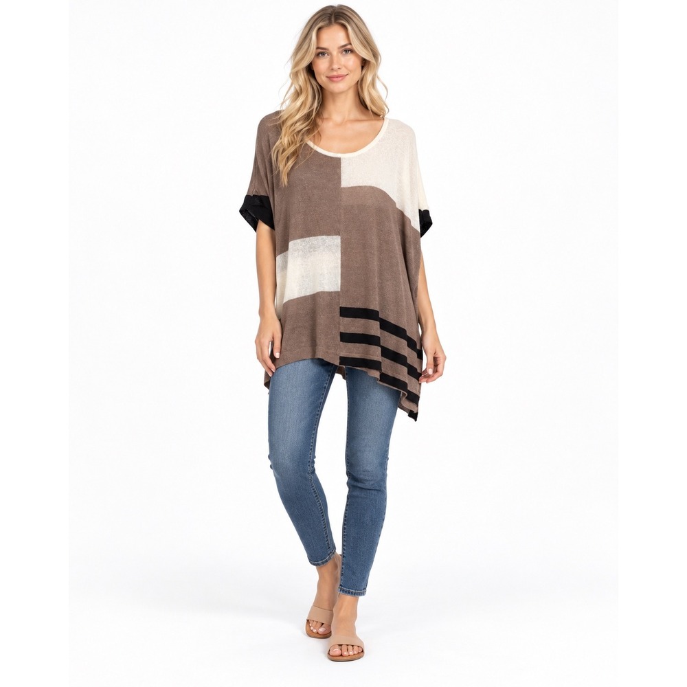 Lisa Todd Knit Top Women M Brown Excellent Linen Colorblock Striped Short Sleeve